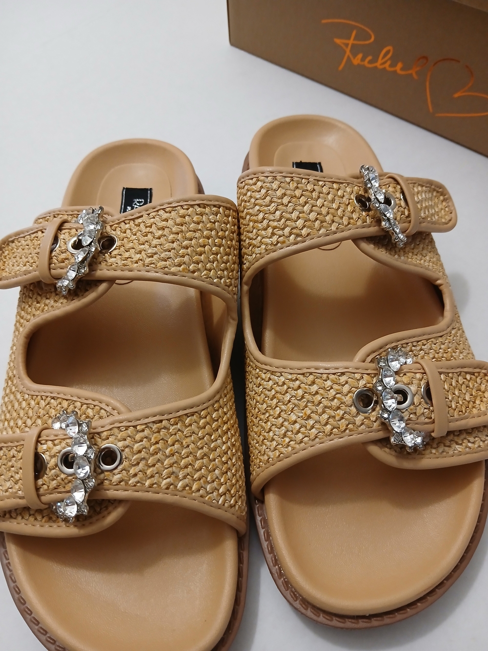 Rachel Roy  Tan Woven Slide Sandals with Crystal Buckles Multiples Sizes New $25 - Picture 5 of 10